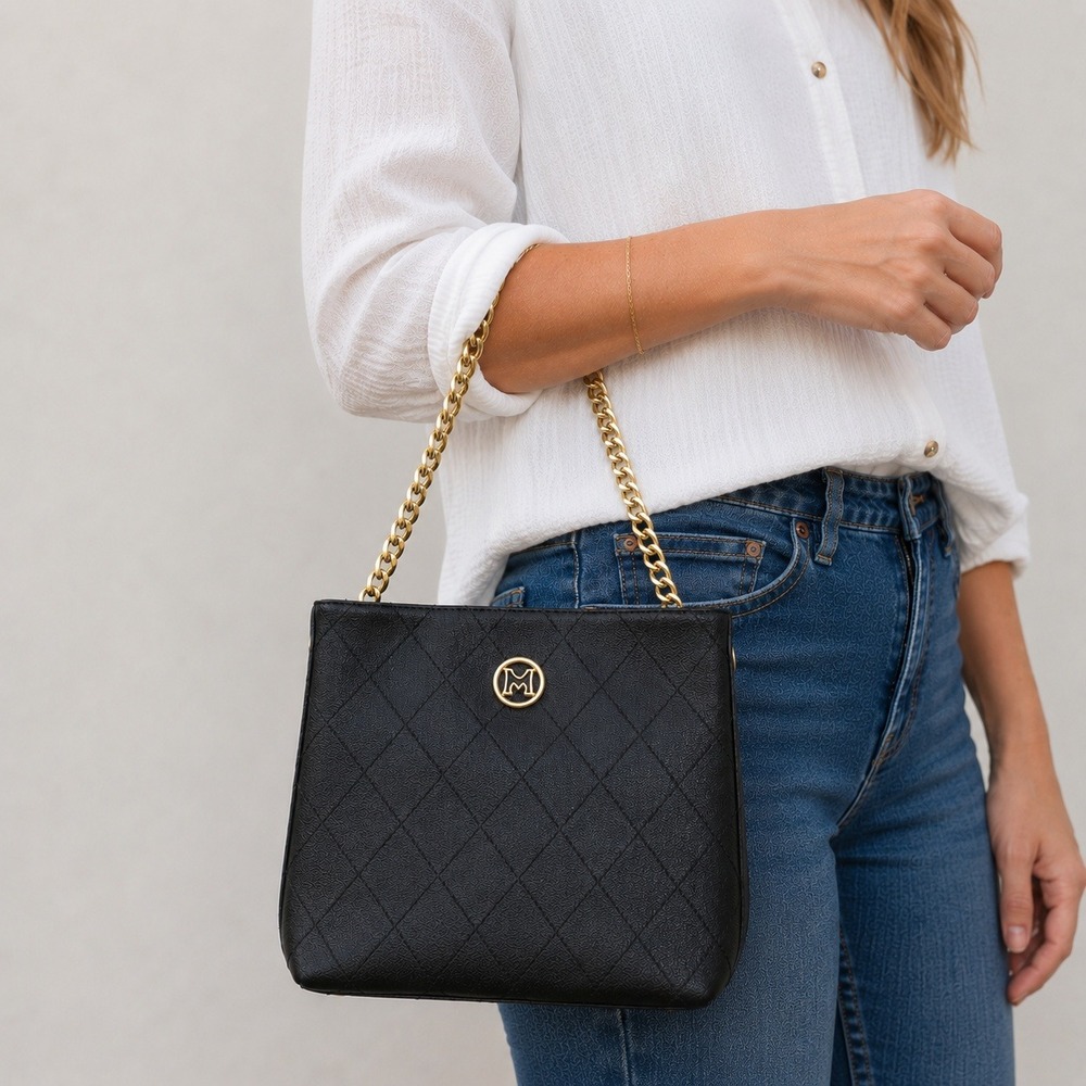 Metrocity Black‎ Quilted Coated Cotton Tote Gold Chain Strap Crossbody Handbag